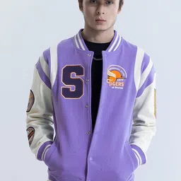 Snitch Purple & White Typography Printed Lightweight Cotton Varsity Jacket-22