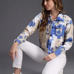 BAESD Abstract Printed Crop Denim Jacket With Patchwork image 4