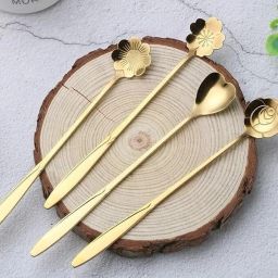 Desert Spoon 4pcs Set Long Handle Flowers Shaped Stirring Golden Spoons Steel Dessert Spoon Set-image-15