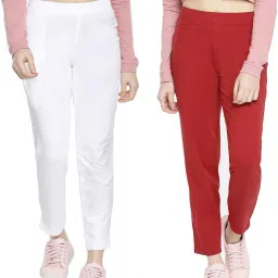 Pack of 2 Dollar Missy Women's Cotton Four-Way Stretchable Kurti Pant Women Slim Fit Red, White Cotton Blend Trousers-image-2