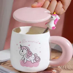 Unicorn Printed Ceramic mug with lid & Unicorn Spoon (pack of 1) Ceramic Coffee Mug-image-15