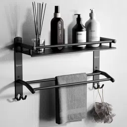grivan 3-in-1 Bathroom Shelf Rack with Towel Rod | Multipurpose Bathroom Accessories 16 inch 2 Bar Towel Rod-picture-36