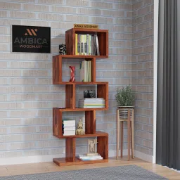 Sheesham Wood Zig Zag Book Shelf | Wooden Book Rack | 5 Shelf Book Shelves Solid Wood Open Book Shelf-image-79