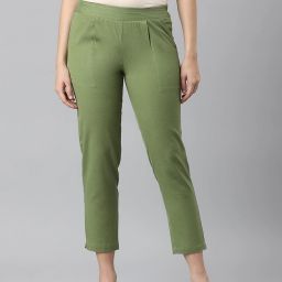 Women Regular Fit Green Cotton Blend Trousers-image-2