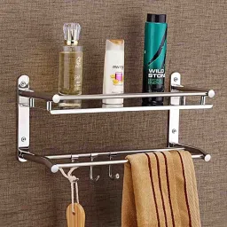 High Grade Stainless Steel Multipurpose 2 Tier Bathroom Shelf with Towel Holder Silver Towel Holder-image-42