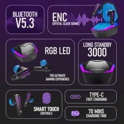 techfire Bullets 121 with Beast Mode(40ms Low Latency),RGB LEDs & 40 Hours Playback Bluetooth Headset image 2