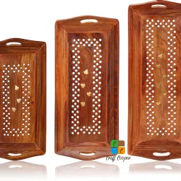 Tray Set of 3 Hand Carved Brass Wooden Serving Tray (Tea, Coffee, Snacks, Water) Tray Serving Set-10