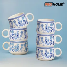 prohome Pack of 6 Ceramic Tea/Coffee Set 120 ml, Cream Base with Multicolor Floral Print-picture-19
