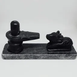 Stone Shivling Nandi Set on Plate for Pooja in temple, home | Small size Decorative Showpiece - 12 cm-17