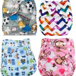 Printed Button Diaper Washable Baby Cloth Pocket Nappie Reusable, Waterproof, Adjustable Size for Infants(4 Diapers)-image-69