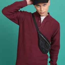 Men Solid High Neck Maroon Sweater-image-1