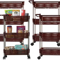Pack of 4 Multipurpose 3-Layer Storage Revolving Rack with Wheels | Brown Plastic Kitchen Trolley-8