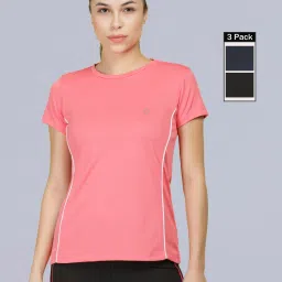 Pack of 3 Microfiber Anti Bacterial Sports Women Solid Crew Neck Polyester Multicolor T-Shirt-image-61