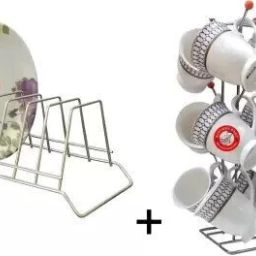 Utensil Kitchen Rack Stainless Steel Plate Holder & Cup Stand Combo for Kitchen Use Steel-image-82
