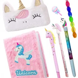 7 Pcs Unicorn Combo - Fur Diary/Fur Pouch/Pen/Pencil/Water Pen/Eraser Gift Set-16