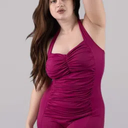 plus size halterneck sleevless padded monokini with full coverage for women Solid Women Pink Swimsuit-image-40