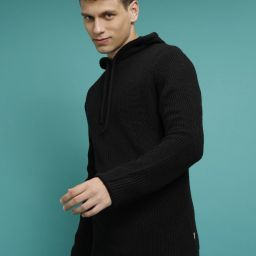 Men Solid Hooded Neck Black Sweater-image-36