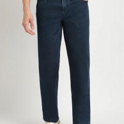 Men Straight Fit Mid Rise Dark Blue Jeans-image-3