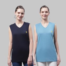Pack of 2 Women Solid V Neck Cotton Blend Multicolor T-Shirt-image-49