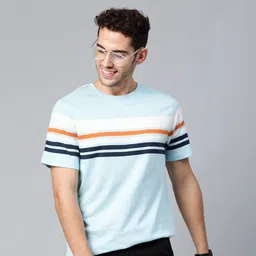 mast & harbour Men Striped Round Neck Pure Cotton Blue T-Shirt-picture-30