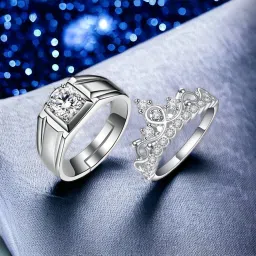 King & Queen Love Forever Adjustable Couple Rings Sterling Silver Swarovski Zirconia 24K White Gold Plated Ring-14
