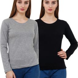 Pack of 2 Women Solid Round Neck Pure Cotton Black, Grey T-Shirt-image-11