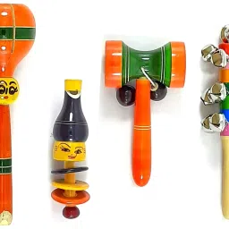 Wooden Bullet, Wheel whistle, Damru, and Ten Bell (Set of 4) Rattle-image-8