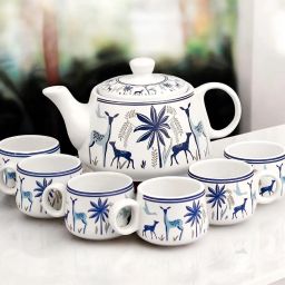 Pack of 7 Ceramic Blue Deer Tea Kettle With 6 Cup Set, For Serving Tea,Coffee |Perfect for Gifting-image-18