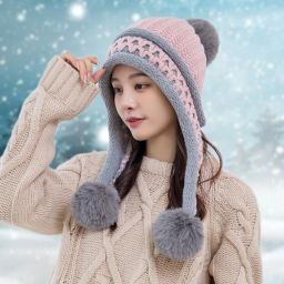 Cute woolen warm soft fur Inside three pom-pom winter cap for women Woven Beanie-image-96