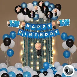 Boss Baby Theme Decorations Combo Set With Fairy Led Light - 53Pcs Happy Birthday Bunting, Blue White BlackMetallic Balloons, Boss Baby Character, Foil Curtain Set for Boys Bday Decorations Items Set/Kids Supplies-image-2