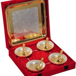 Brass Bowl with Spoon and Tray ( Golden , Set of 9 Pieces ) with Velvet Box Packing Items Bowl, Spoon, Tray Serving Set-image-9