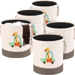 Cotton, Polyester Pack of 5 43 Ltr Clothes Basket with Handles | GM-8-BG | Giraffe- Grey & White Storage Basket-image-17