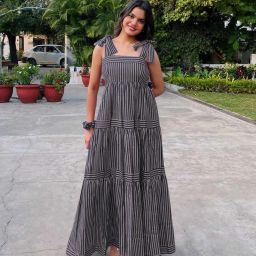 Floral Print, Striped Rayon Blend Stitched Straight Gown-image-7