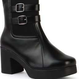 Women’s Black Double Buckle PU Ankle Boots | Partywear Stylish Block Heel Boots Boots For Women-image-27