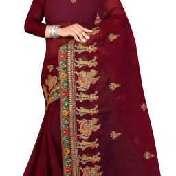 Embroidered Hand Batik Chiffon Saree-image-2