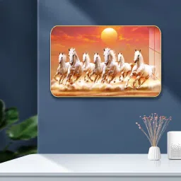 Vastu Seven Horses Premium Crystal High Gloss Surface with Golden Slim Frame Glass Print 12 inch x 18 inch Painting-22