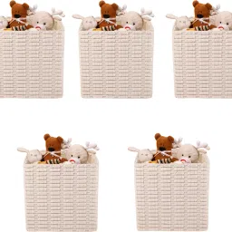 Cotton Pack of 5 Storage Box for Clothes with Handle | GM-14-WHT | As Shown-White Storage Basket-image-3