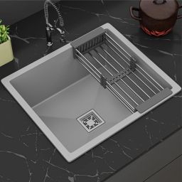 Kitchen Sink 18x16x10 Single Bowl Stainless Steel Sink Vessel Sink (Grey) Drain Rack with Waste Pipe & Waste Coupling (16x18 Inches) Vessel Sink-image-77