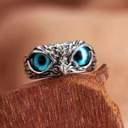Owl-Eye Design Silver Ring with Blue Gemstone Eyes – Adjustable & Unisex Stainless Steel Cat's Eye Silver Plated Ring-image-17