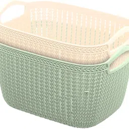 Plastic Q-5 Multiuses Designer Unbreakable Plastic Storage Basket Pack of 2 (Cream&Green Storage Basket-26