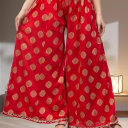 Women Flared Red Viscose Rayon Trousers-image-69