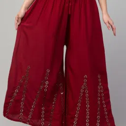 Women Flared Maroon Viscose Rayon Trousers-image-6