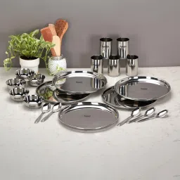 Pack of 20 Stainless Steel Stainless Steel Heavy Dinner set-20 Pcs (5 Plate,5 Bowl,5 Glass,5 Spoon) Silver Dinner Set-6