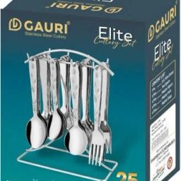 Elite 25 Pcs with Stand Dining Leaf Design Tableware Spoons Stainless Steel Cutlery Set-12