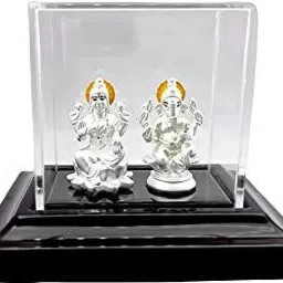 999 Pure Silver Ganesha/Vinayaka And Lakshmi Beautiful Idol with Acrylic Base Decorative Showpiece - 12 cm-image-50