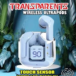 crecro Ultrapod Bluetooth Earbuds Headset Crystal Transparent Design,LED Display BK19 Smart Headphones-image-88