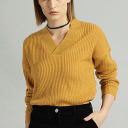 roadster Women Woven V Neck Yellow Sweater-picture-0