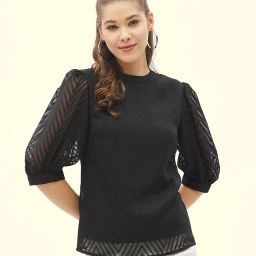Casual Puff Sleeves Self Design Women Black Top-image-56