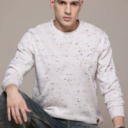 Men Self Design Round Neck White Sweater-image-31