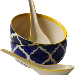 Ceramic Soup Bowl Ceramic Bowls with Spoons - 300ml, Set of 2, Blue-1